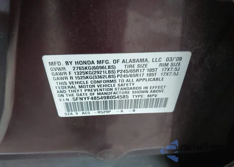 2009 Honda Pilot Ex-L from USA, damaged, VIN 5FNYF48549B054585
